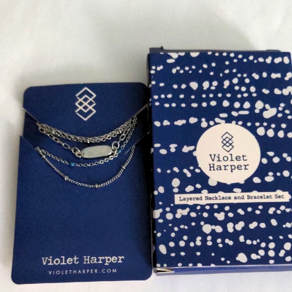Violet Harper Layered Necklace and Bracelet Set, New, Dainty, Silvertone, Beaded